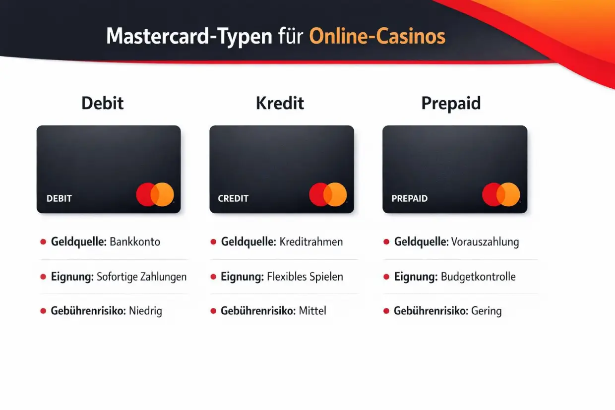 Vergleich der Mastercard Typen Debit Kredit und Prepaid für Online Casinos