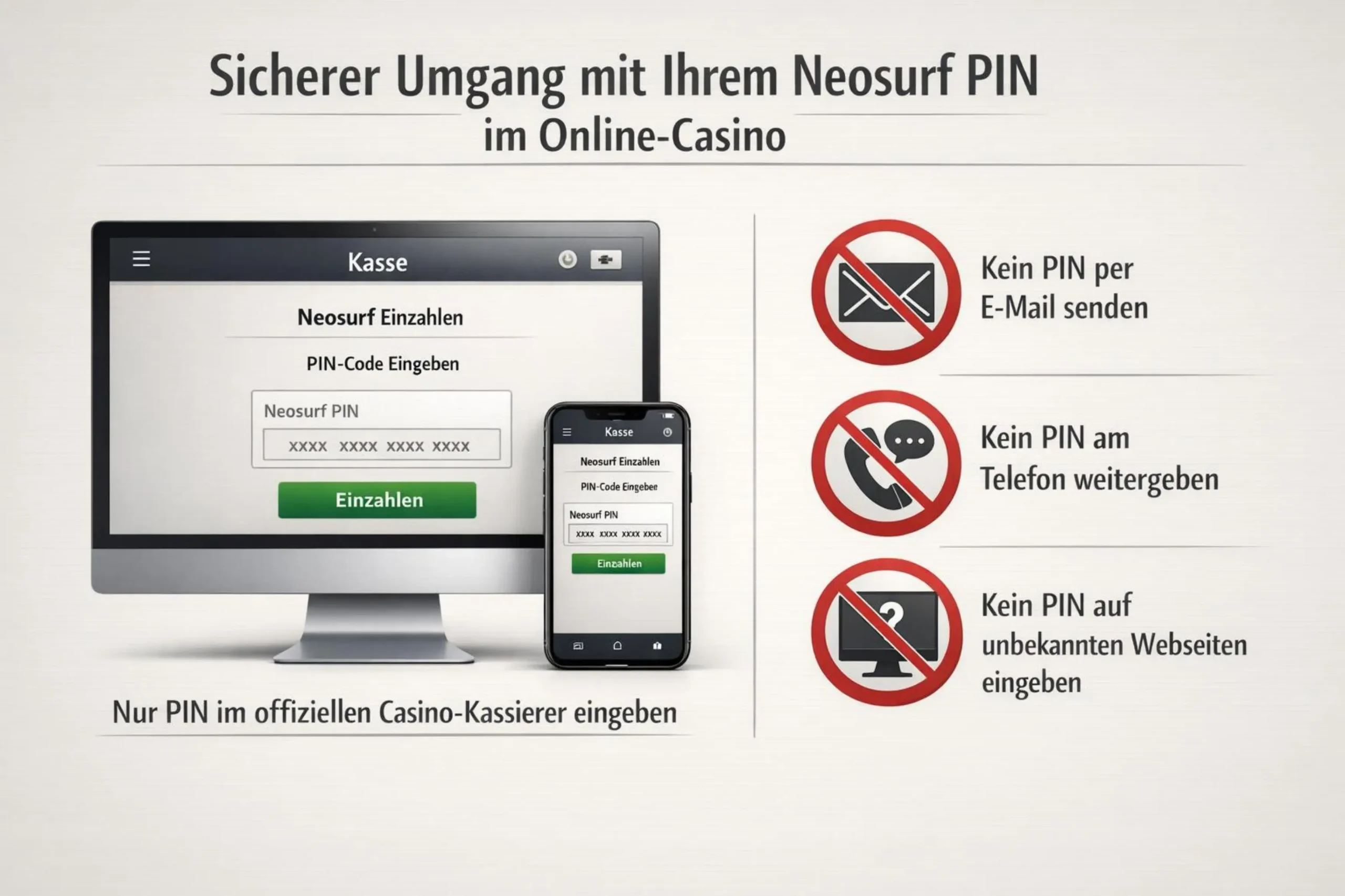 Infografik zur sicheren Verwendung des Neosurf-PIN-Codes beim Einzahlen im Online Casino